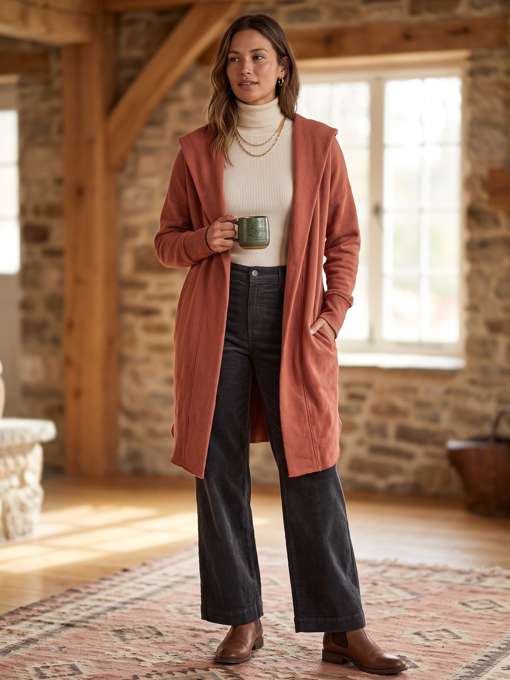 Mono B Terracotta Hooded Duster Cardigan French Terry Boho Cozycore Grandmacore
